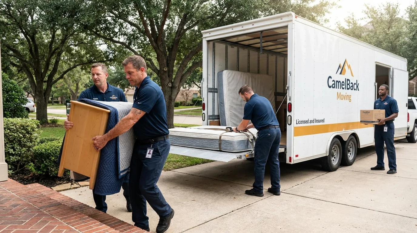 Crew loading residential truck for cross-state move from Driggs, ID