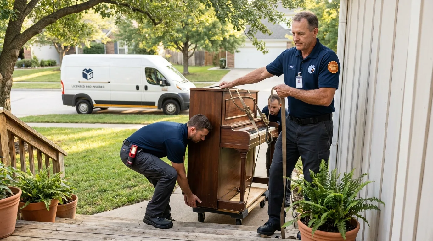 Licensed piano movers securing grand piano in Driggs, ID