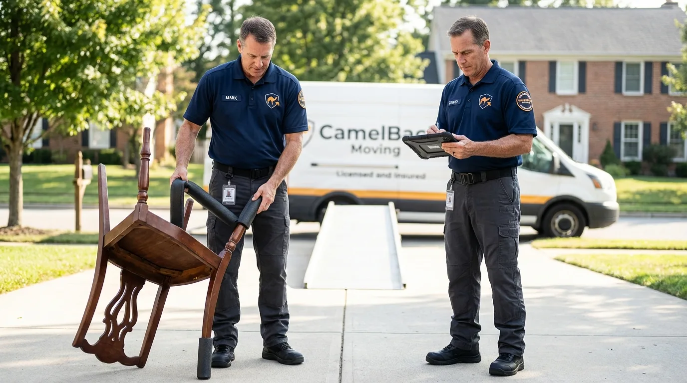 Movers inspecting furniture for damage prevention before loading in Driggs, ID